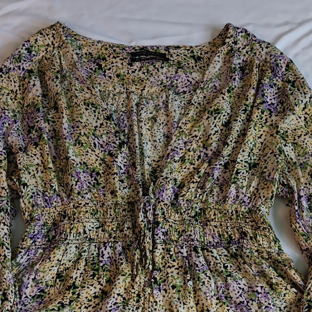 Womens Urban Outfitters Floral V-Neck Smocked Waist Peplum Long Sleeve Blouse
